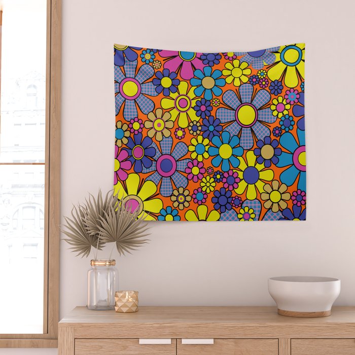 Groovy Maximalist Floral Retro Garden Gingham Flowers 60s 70s Pattern Wall Tapestry Gallery Image 2