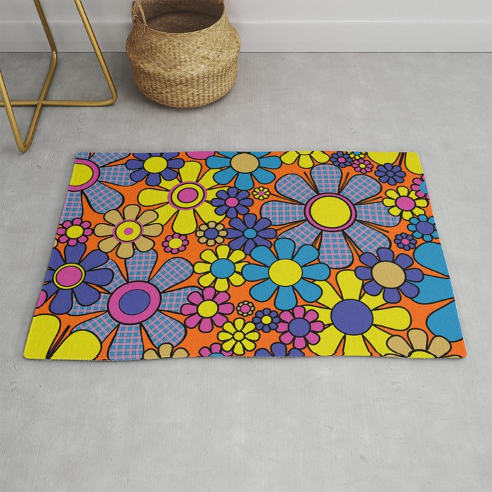 Groovy Maximalist Floral Retro Garden Gingham Flowers 60s 70s Pattern Rug Gallery Image 1