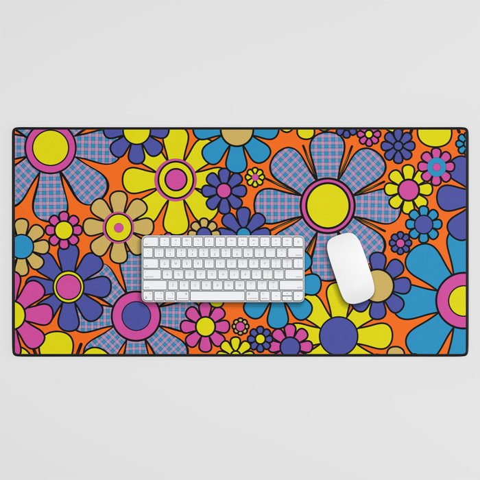 Groovy Maximalist Floral Retro Garden Gingham Flowers 60s 70s Pattern Desk Mat Gallery Image 1