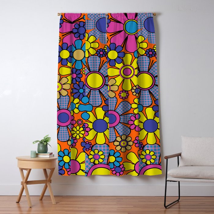 Groovy Maximalist Floral Retro Garden Gingham Flowers 60s 70s Pattern Window Curtain Gallery Image 1