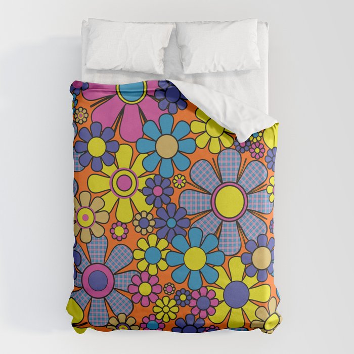 Groovy Maximalist Floral Retro Garden Gingham Flowers 60s 70s Pattern Duvet Cover Gallery Image 1