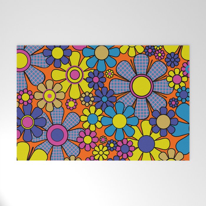 Groovy Maximalist Floral Retro Garden Gingham Flowers 60s 70s Pattern Welcome Mat Gallery Image 1