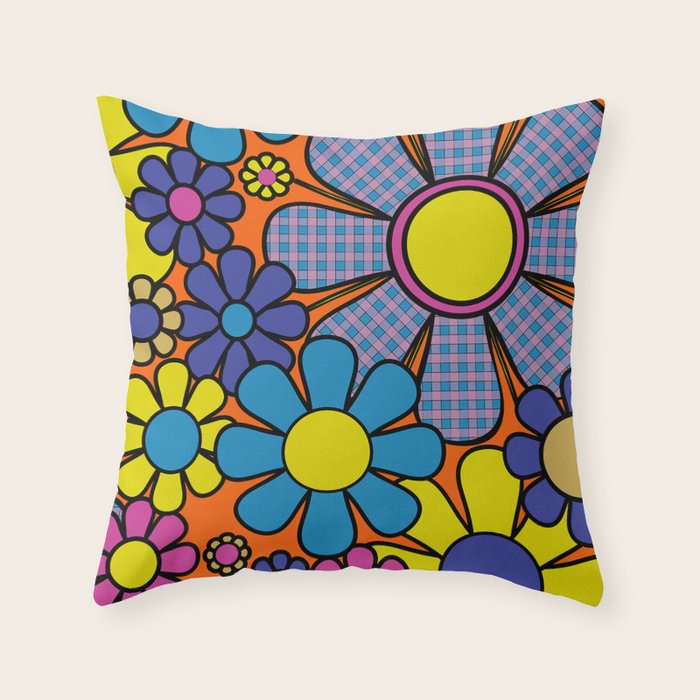 Groovy Maximalist Floral Retro Garden Gingham Flowers 60s 70s Pattern Throw Pillow Gallery Image 6