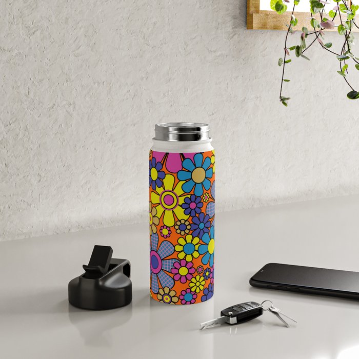 Groovy Maximalist Floral Retro Garden Gingham Flowers 60s 70s Pattern Water Bottle Gallery Image 4