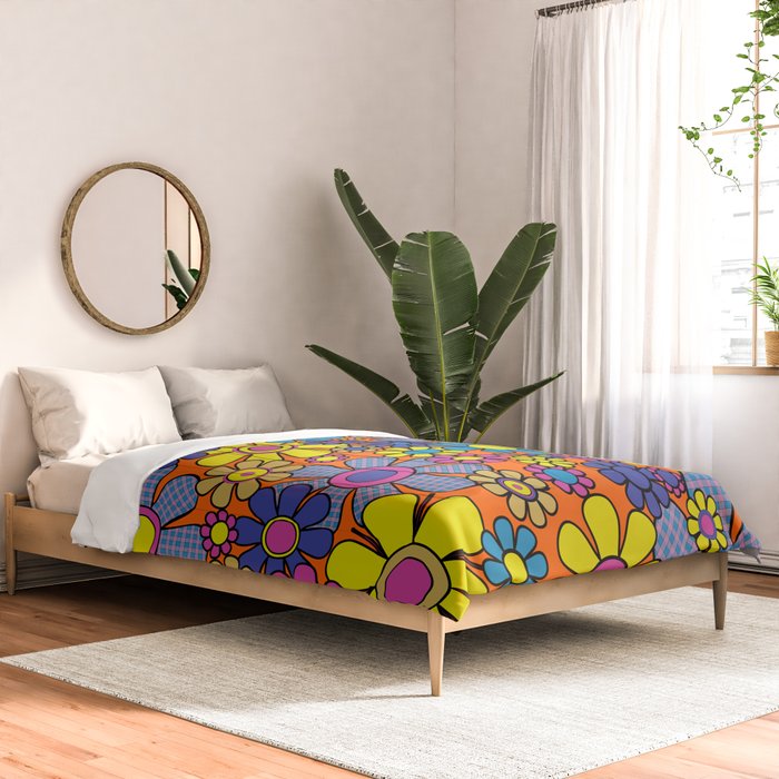 Groovy Maximalist Floral Retro Garden Gingham Flowers 60s 70s Pattern Comforter Gallery Image 2