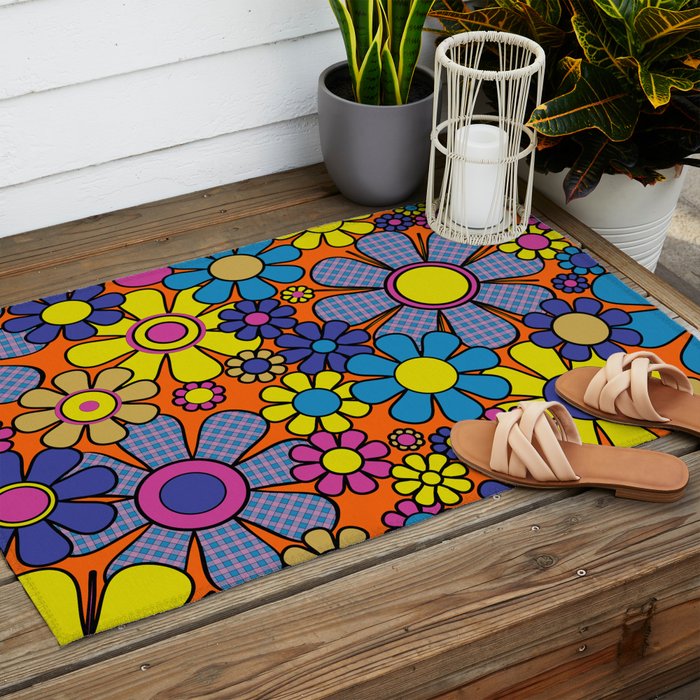Groovy Maximalist Floral Retro Garden Gingham Flowers 60s 70s Pattern Outdoor Rug Gallery Image 2