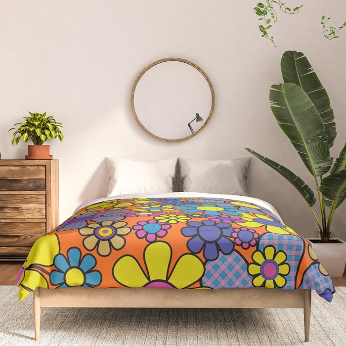 Groovy Maximalist Floral Retro Garden Gingham Flowers 60s 70s Pattern Comforter Gallery Image 3