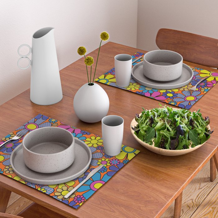 Groovy Maximalist Floral Retro Garden Gingham Flowers 60s 70s Pattern Placemat Gallery Image 2