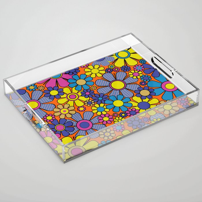 Groovy Maximalist Floral Retro Garden Gingham Flowers 60s 70s Pattern Acrylic Tray Gallery Image 1