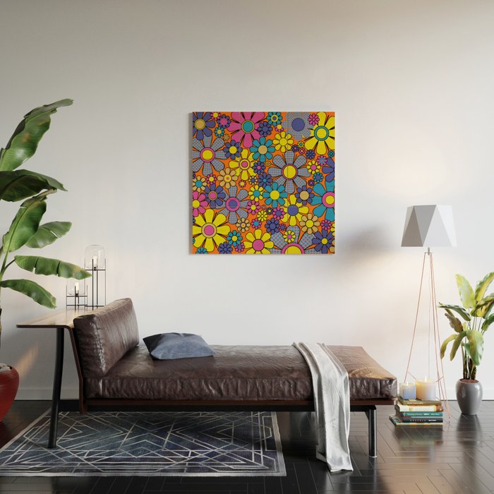 Groovy Maximalist Floral Retro Garden Gingham Flowers 60s 70s Pattern Wood Wall Art Gallery Image 2