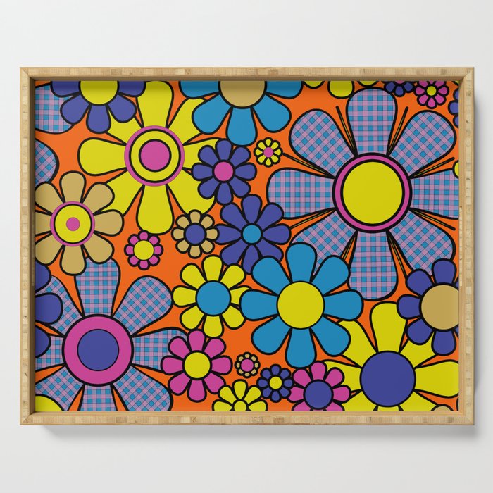 Groovy Maximalist Floral Retro Garden Gingham Flowers 60s 70s Pattern Serving Tray Gallery Image 1