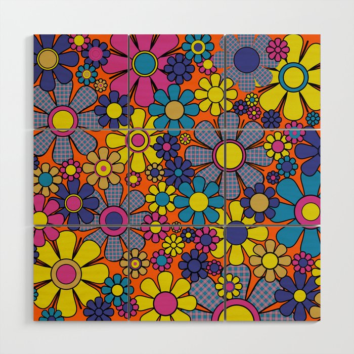 Groovy Maximalist Floral Retro Garden Gingham Flowers 60s 70s Pattern Wood Wall Art Gallery Image 1