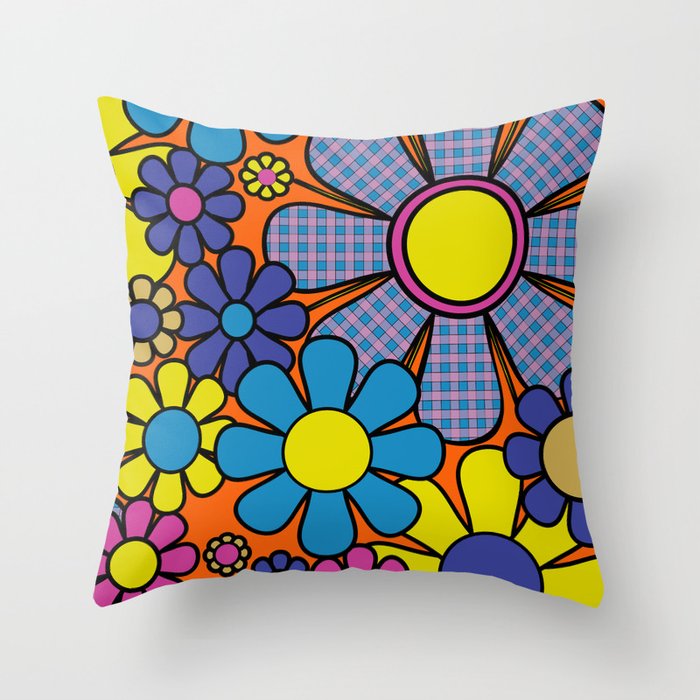 Groovy Maximalist Floral Retro Garden Gingham Flowers 60s 70s Pattern Throw Pillow Gallery Image 1