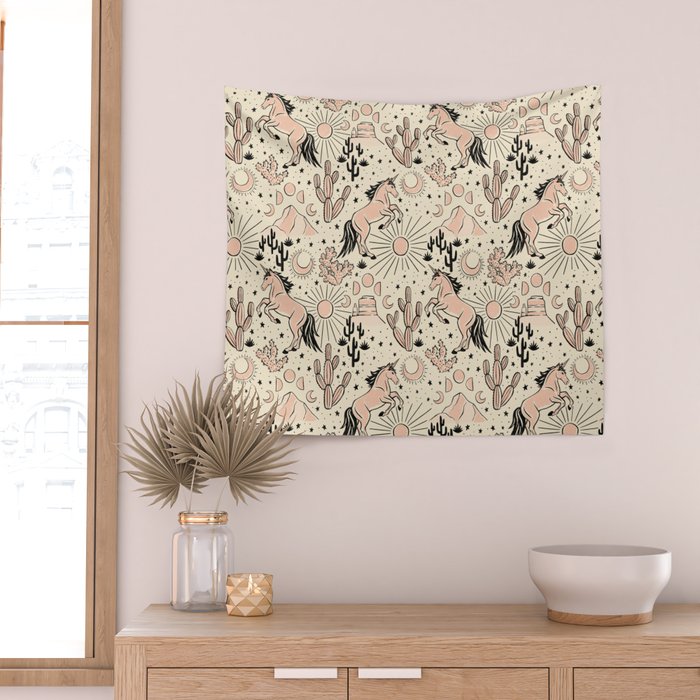 Desert Unicorn - Black, peach pink, and cream Wall Tapestry Gallery Image 2