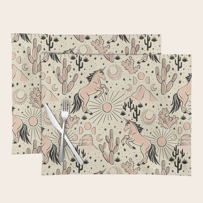 Desert Unicorn - Black, peach pink, and cream Placemat