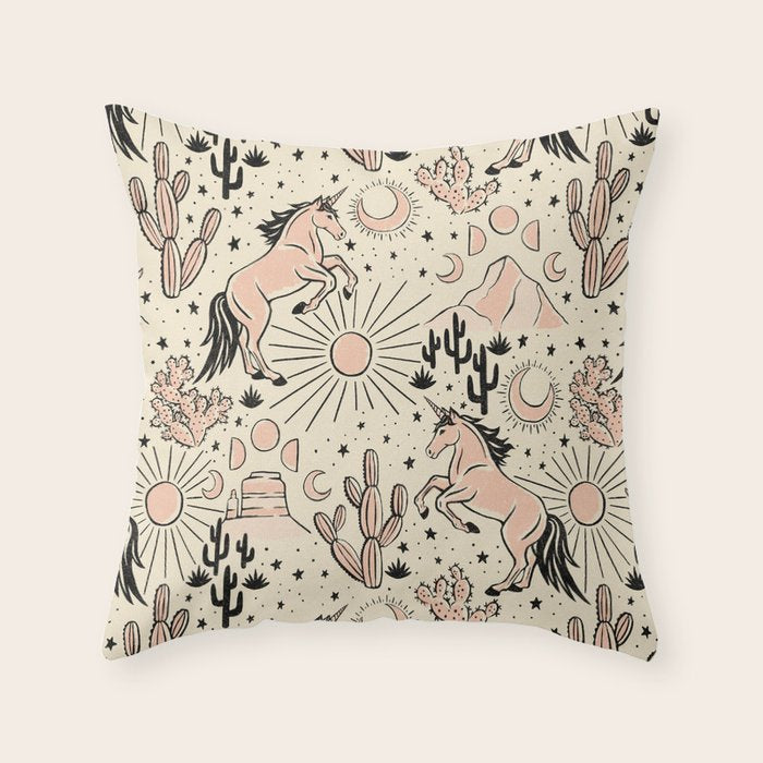 Desert Unicorn - Black, peach pink, and cream Throw Pillow Gallery Image 1