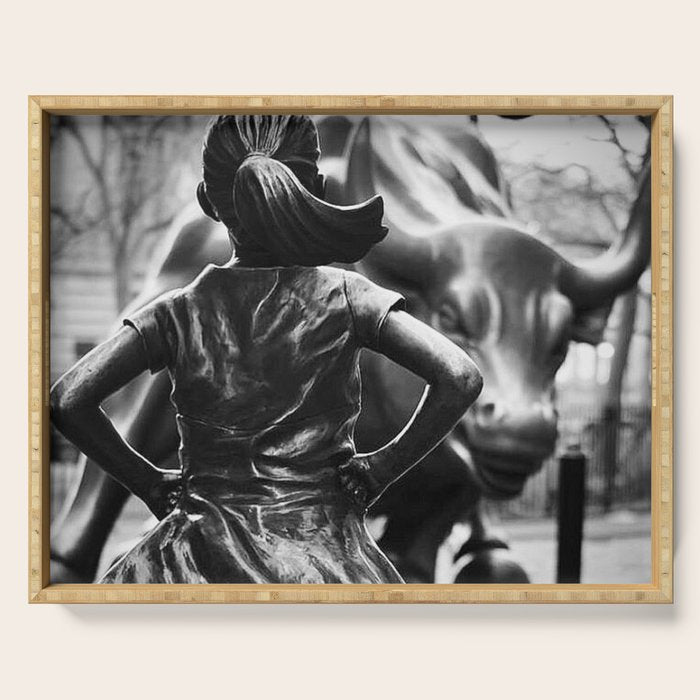Fearless Girl facing down the Charging Bull statue of Wall Street black and white photography Serving Tray Gallery Image 1