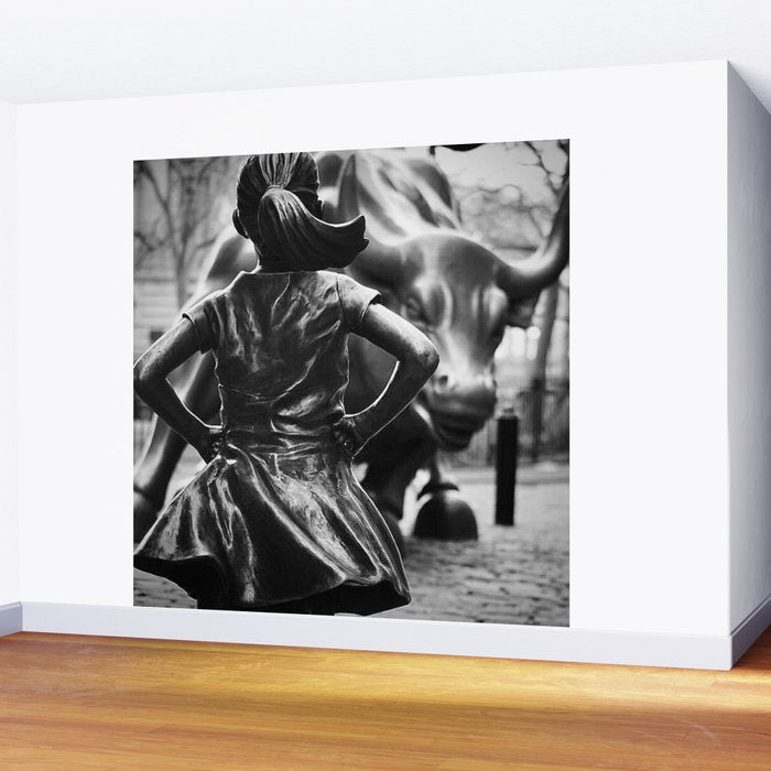 Fearless Girl facing down the Charging Bull statue of Wall Street black and white photography Wall Mural Gallery Image 2