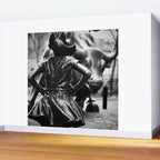 Fearless Girl facing down the Charging Bull statue of Wall Street black and white photography Wall Mural Gallery Image 2