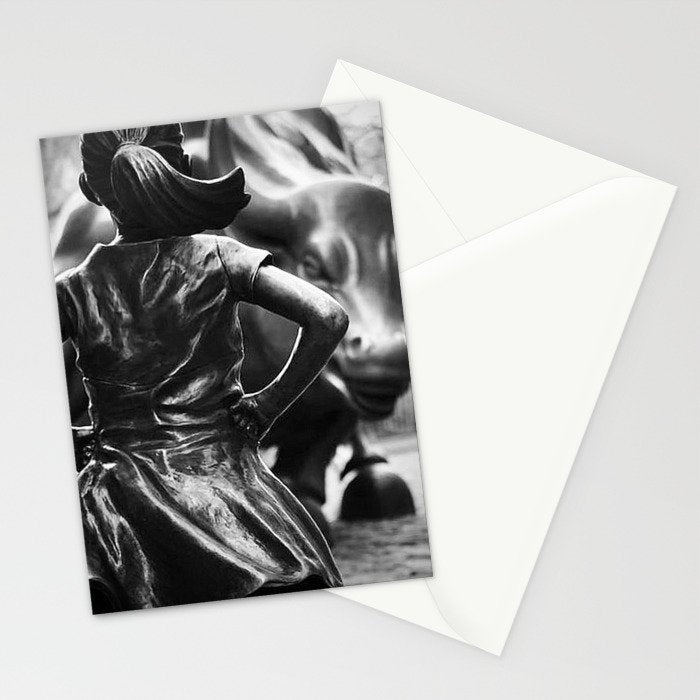 Fearless Girl facing down the Charging Bull statue of Wall Street black and white photography Stationery Card Gallery Image 2