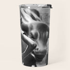 Fearless Girl facing down the Charging Bull statue of Wall Street black and white photography Travel Mug Gallery Image 2