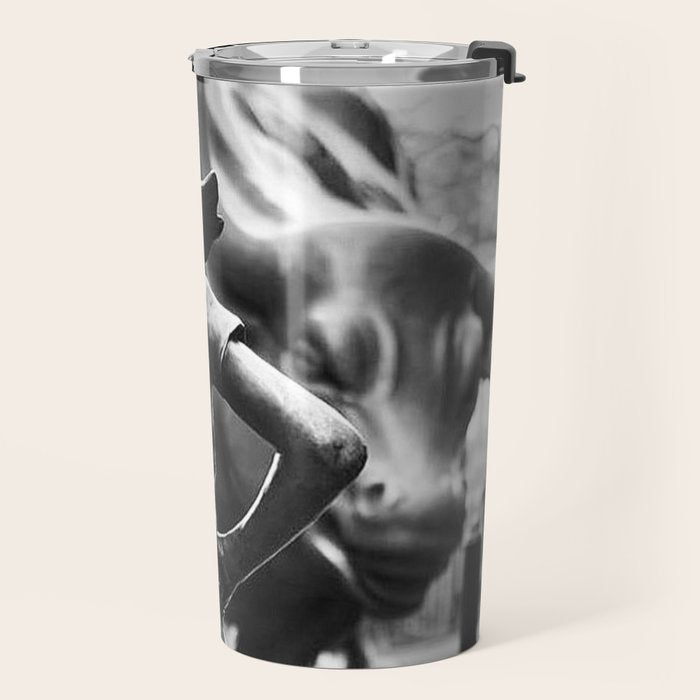 Fearless Girl facing down the Charging Bull statue of Wall Street black and white photography Travel Mug Gallery Image 2