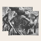Fearless Girl facing down the Charging Bull statue of Wall Street black and white photography Placemat Gallery Image 1