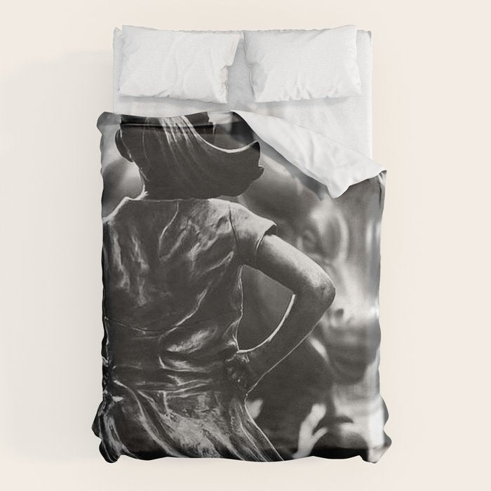 Fearless Girl facing down the Charging Bull statue of Wall Street black and white photography Duvet Cover Gallery Image 6