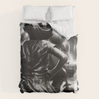 Fearless Girl facing down the Charging Bull statue of Wall Street black and white photography Duvet Cover Gallery Image 6