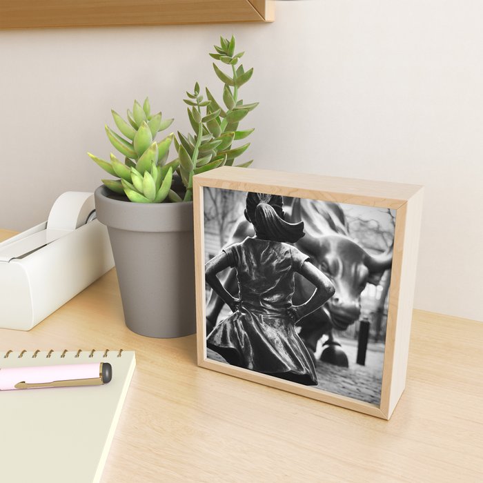 Fearless Girl facing down the Charging Bull statue of Wall Street black and white photography Mini Art Print Gallery Image 2