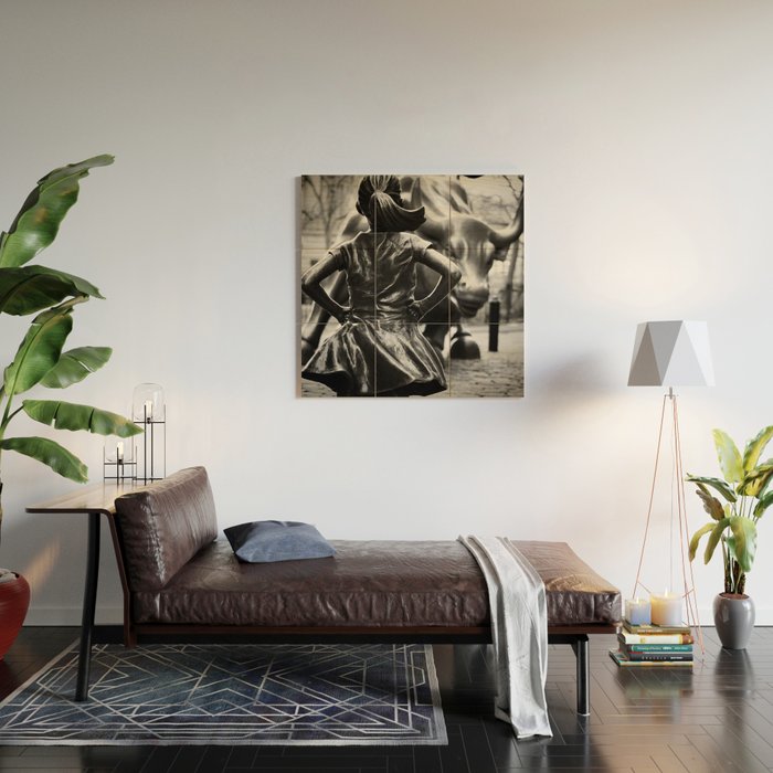 Fearless Girl facing down the Charging Bull statue of Wall Street black and white photography Wood Wall Art Gallery Image 2