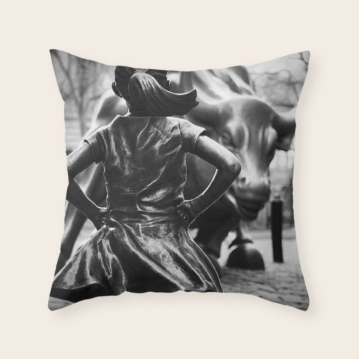Fearless Girl facing down the Charging Bull statue of Wall Street black and white photography Throw Pillow Gallery Image 6