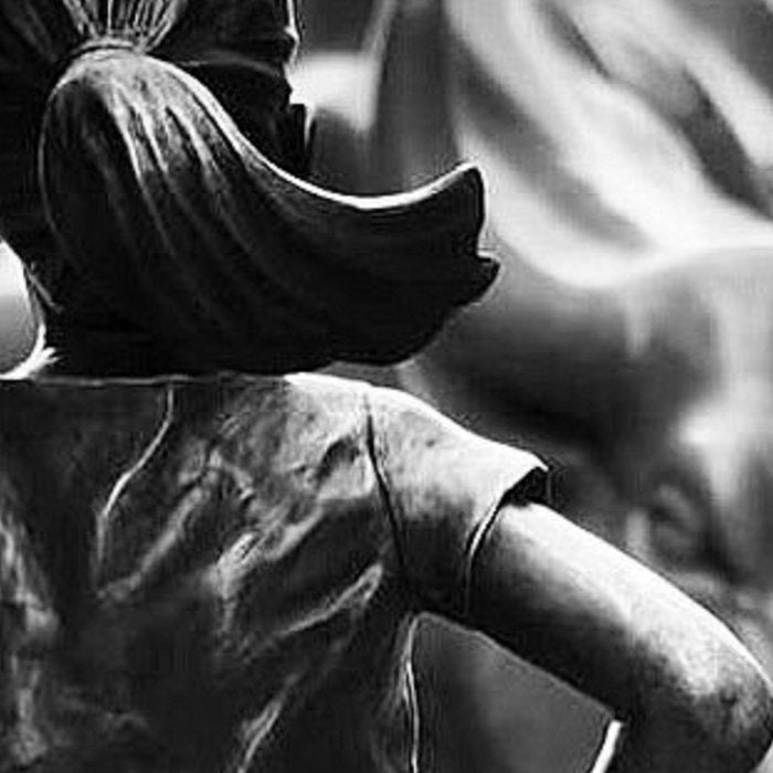 Fearless Girl facing down the Charging Bull statue of Wall Street black and white photography Coffee Mug Gallery Image 2