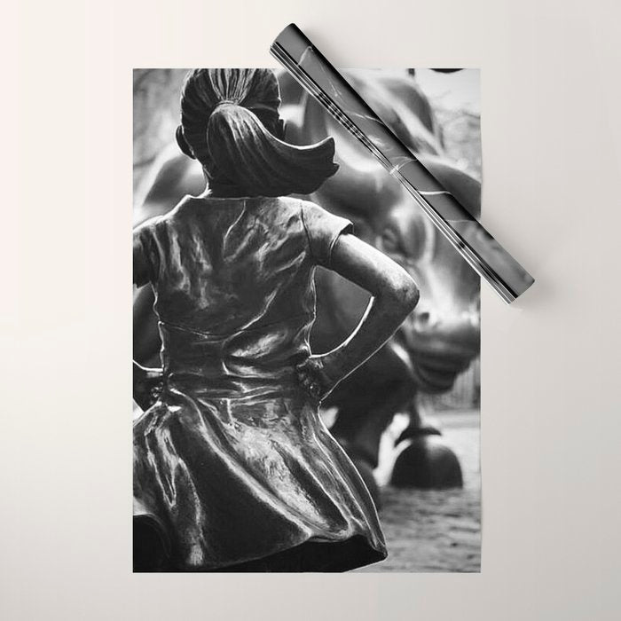 Fearless Girl facing down the Charging Bull statue of Wall Street black and white photography Wrapping Paper Gallery Image 1