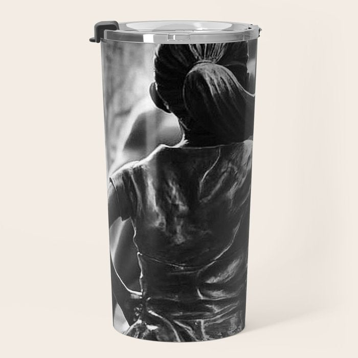 Fearless Girl facing down the Charging Bull statue of Wall Street black and white photography Travel Mug Gallery Image 3