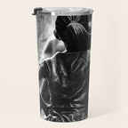 Fearless Girl facing down the Charging Bull statue of Wall Street black and white photography Travel Mug Gallery Image 3