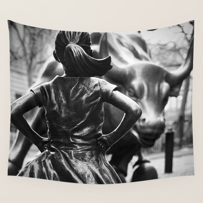 Fearless Girl facing down the Charging Bull statue of Wall Street black and white photography Wall Tapestry Gallery Image 4