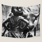 Fearless Girl facing down the Charging Bull statue of Wall Street black and white photography Wall Tapestry Gallery Image 4