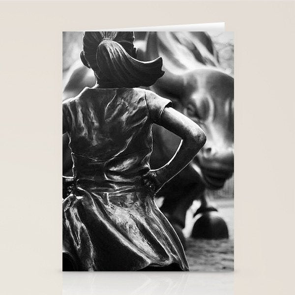 Fearless Girl facing down the Charging Bull statue of Wall Street black and white photography Stationery Card Gallery Image 1