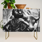 Fearless Girl facing down the Charging Bull statue of Wall Street black and white photography Credenza Gallery Image 1