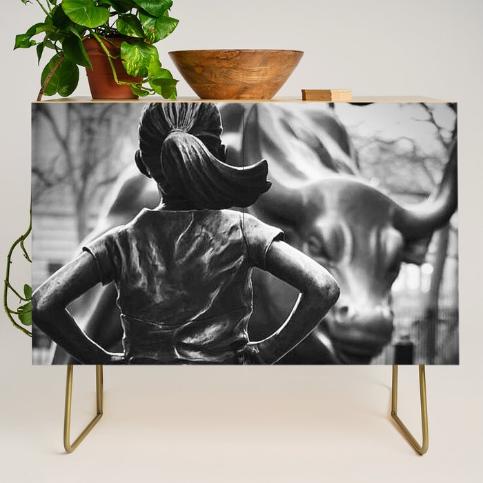 Fearless Girl facing down the Charging Bull statue of Wall Street black and white photography Credenza Gallery Image 1
