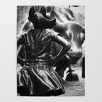 Fearless Girl facing down the Charging Bull statue of Wall Street black and white photography Poster Gallery Image 4