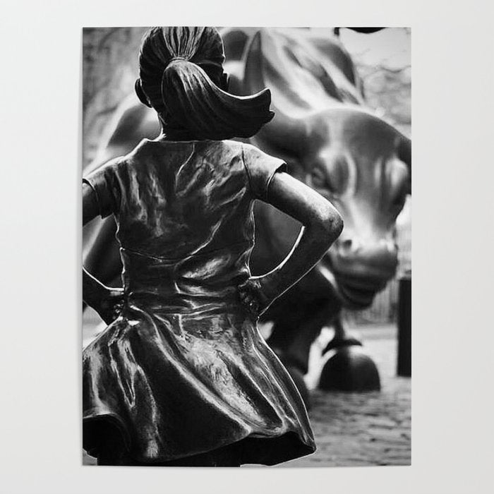 Fearless Girl facing down the Charging Bull statue of Wall Street black and white photography Poster Gallery Image 4