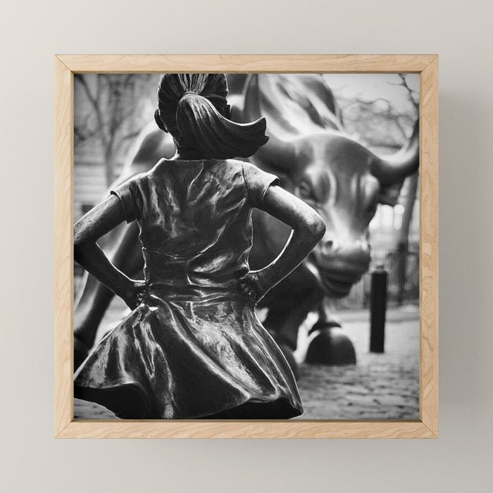 Fearless Girl facing down the Charging Bull statue of Wall Street black and white photography Mini Art Print Gallery Image 1