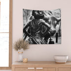 Fearless Girl facing down the Charging Bull statue of Wall Street black and white photography Wall Tapestry Gallery Image 2