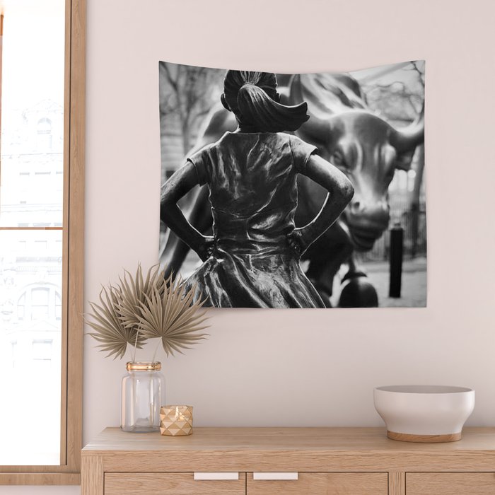 Fearless Girl facing down the Charging Bull statue of Wall Street black and white photography Wall Tapestry Gallery Image 2