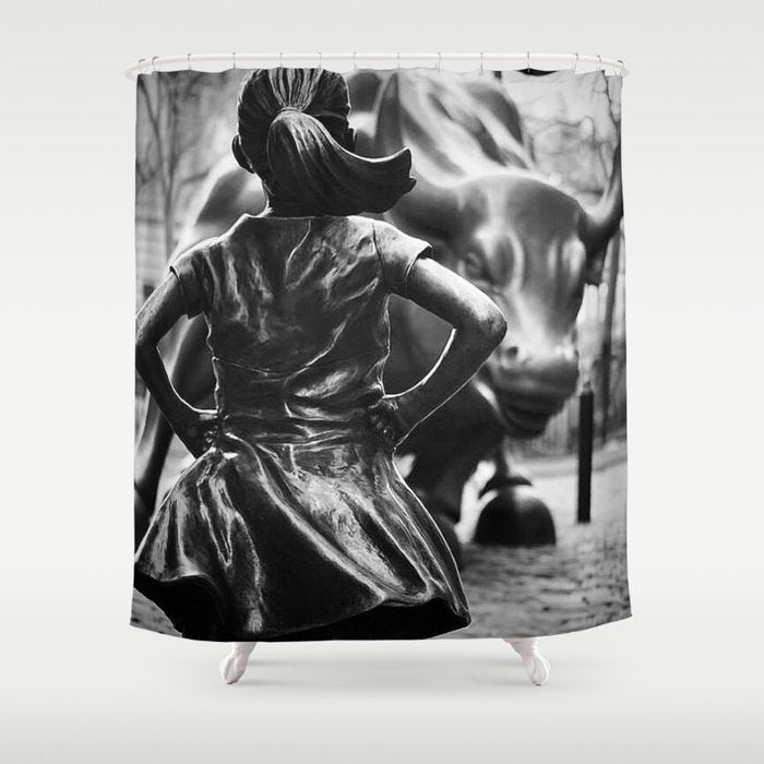 Fearless Girl facing down the Charging Bull statue of Wall Street black and white photography Shower Curtain Gallery Image 1