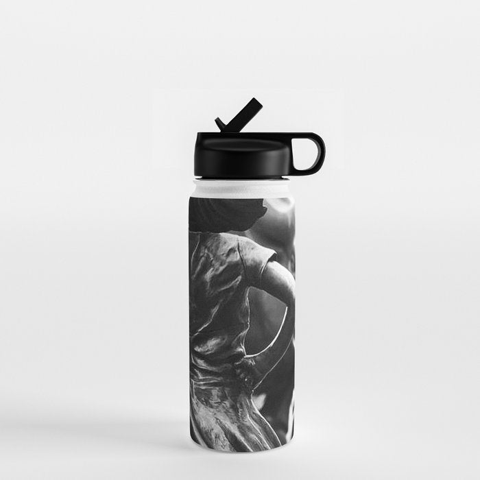 Fearless Girl facing down the Charging Bull statue of Wall Street black and white photography Water Bottle Gallery Image 1