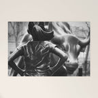 Fearless Girl facing down the Charging Bull statue of Wall Street black and white photography Welcome Mat Gallery Image 1