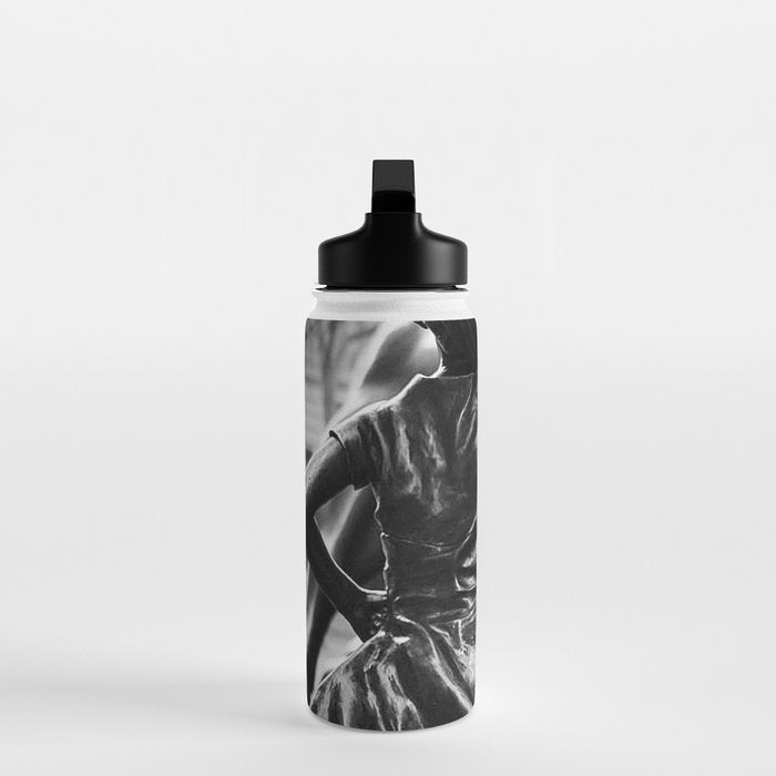 Fearless Girl facing down the Charging Bull statue of Wall Street black and white photography Water Bottle Gallery Image 3